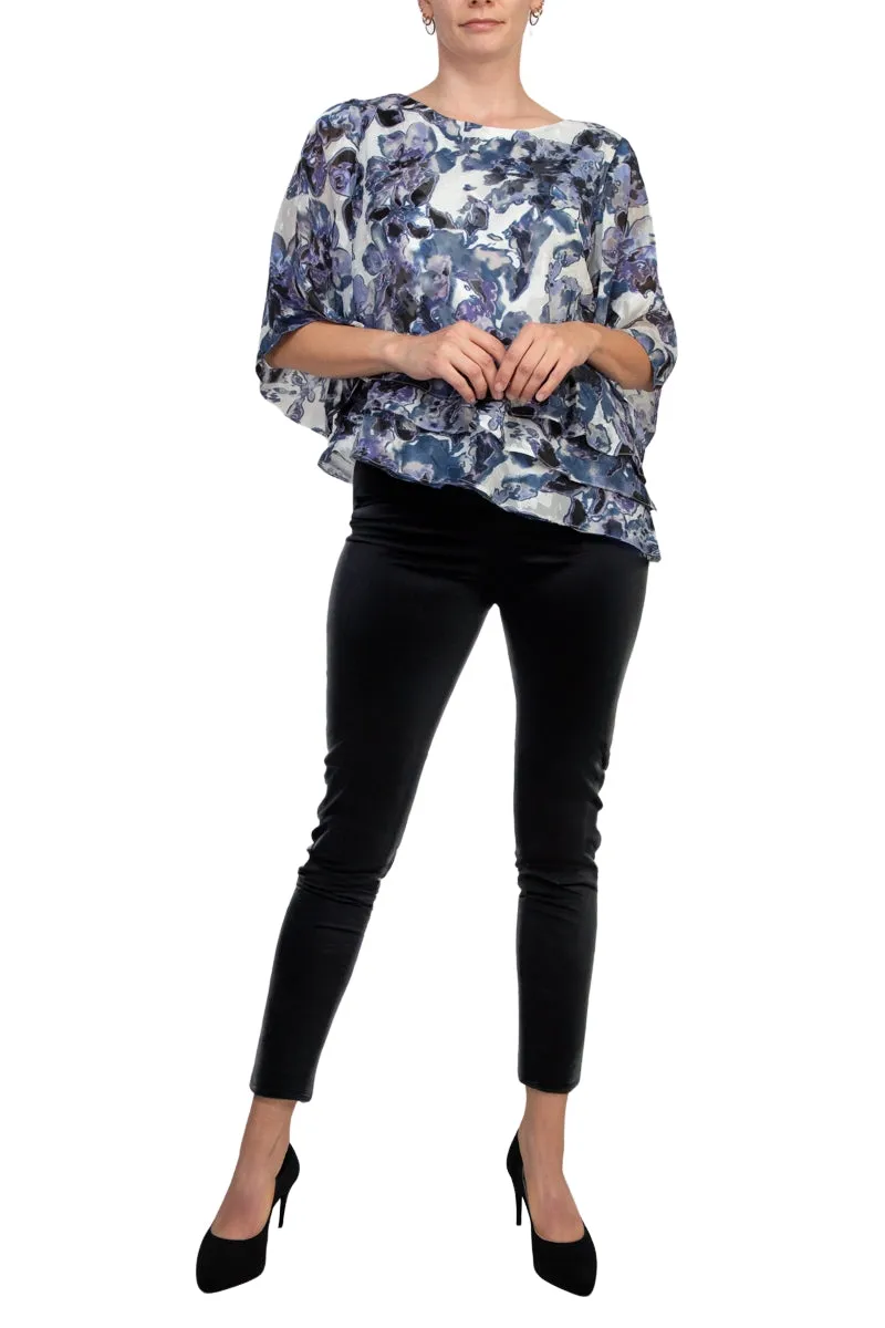 Alex Evenings Boat Neck 3/4 Sleeve Multi Print Asymmetrical Triple Tier Hem Chiffon Top