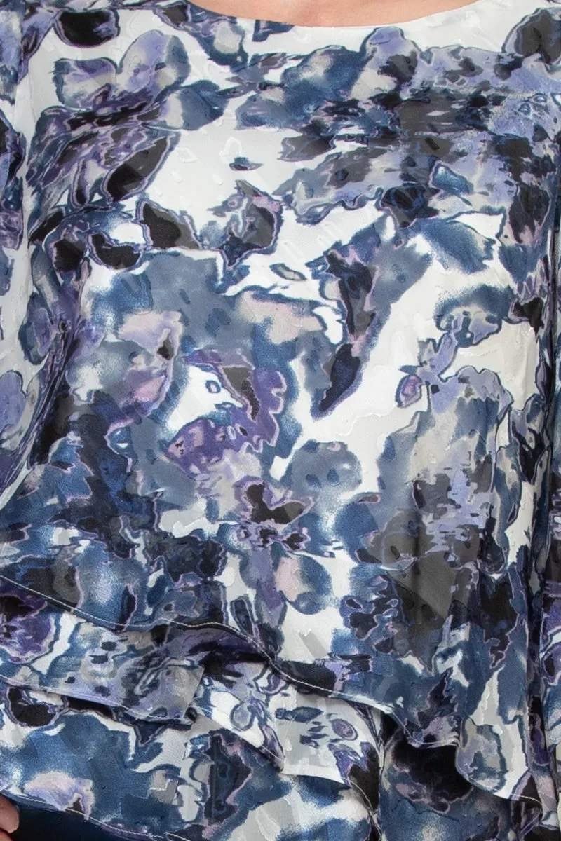 Alex Evenings Boat Neck 3/4 Sleeve Multi Print Asymmetrical Triple Tier Hem Chiffon Top