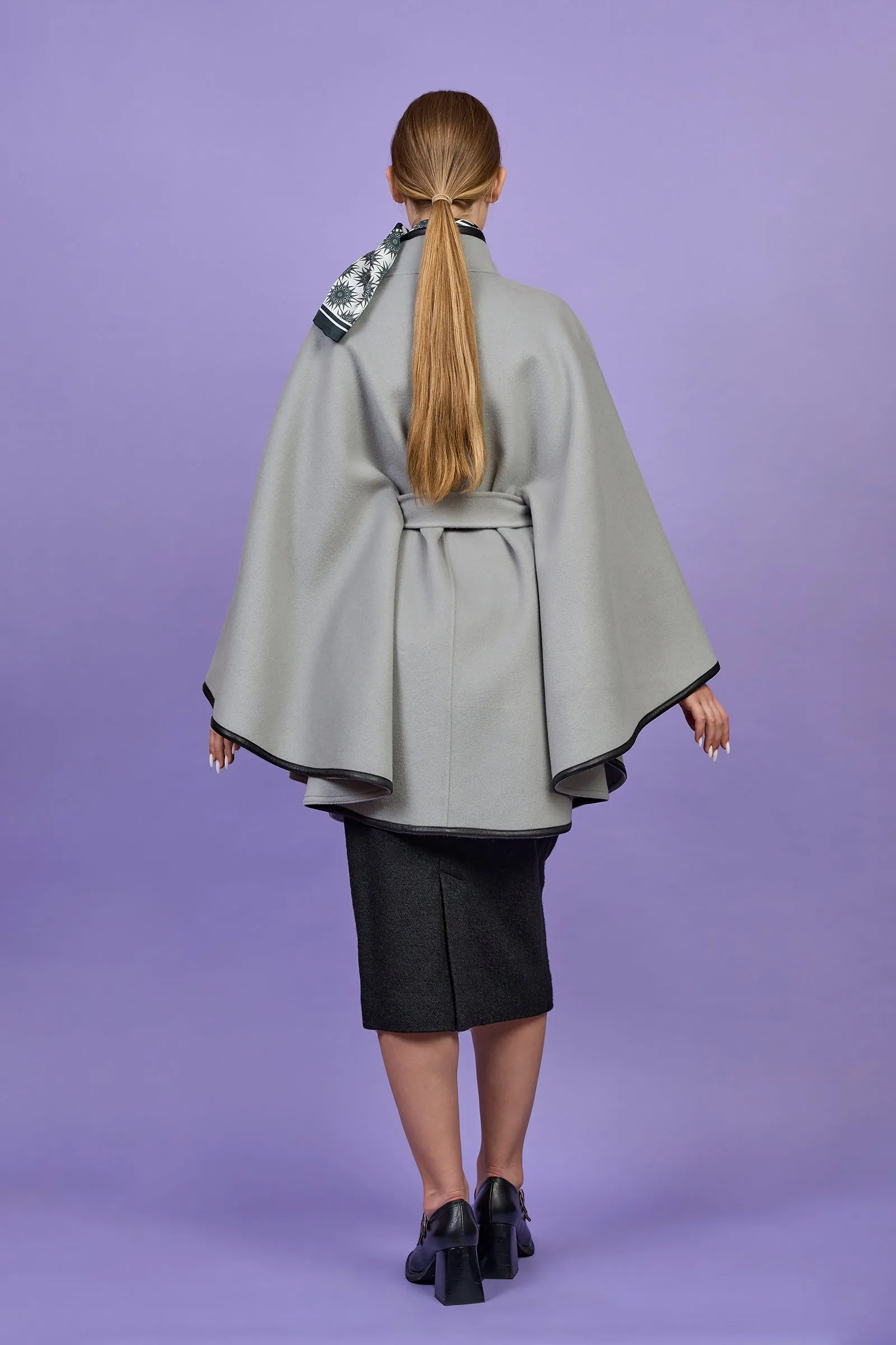 ALICE Light Grey Belted Cape Coat in Virgin Wool Cashmere Black Leather
