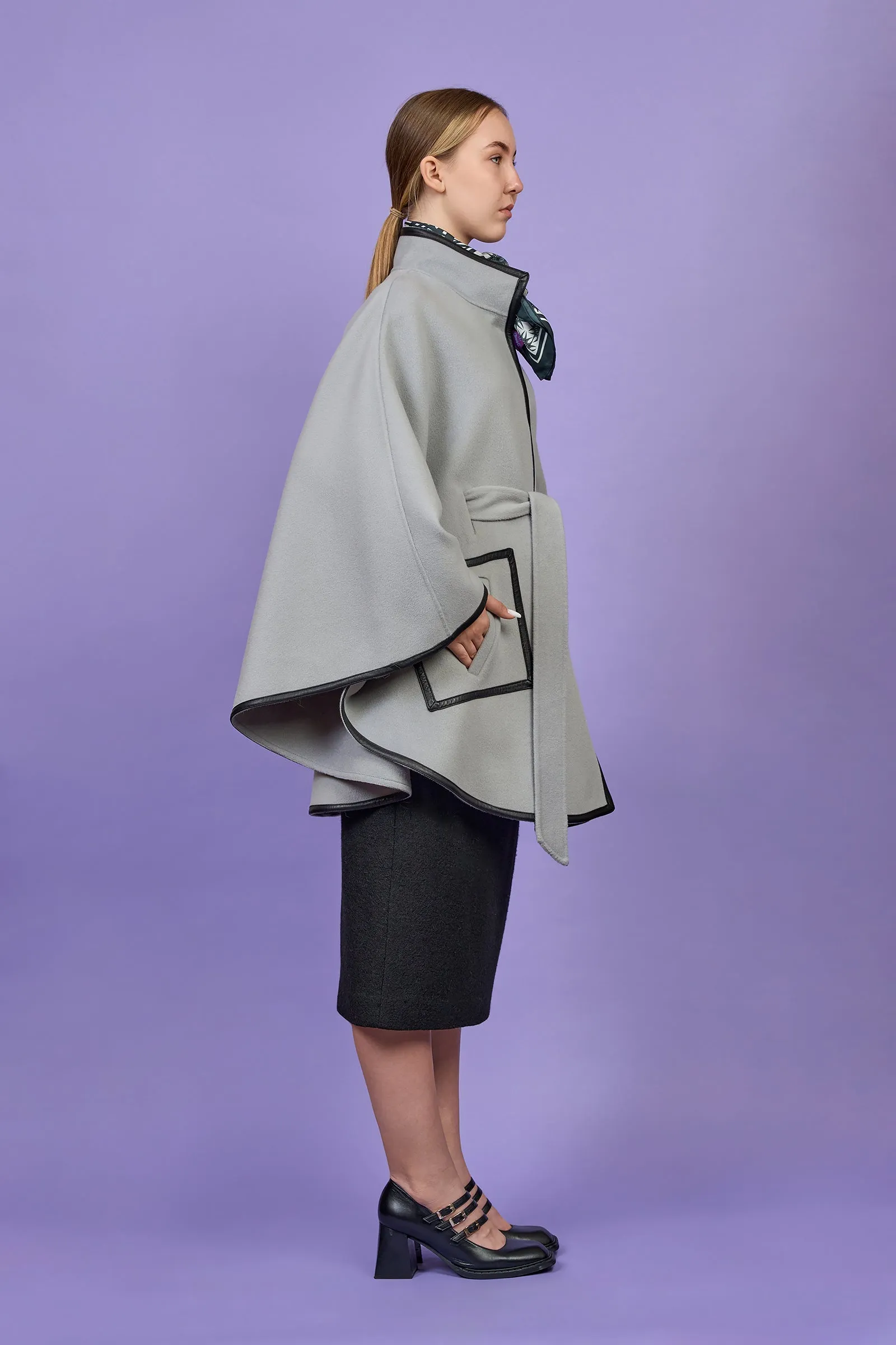ALICE Light Grey Belted Cape Coat in Virgin Wool Cashmere Black Leather