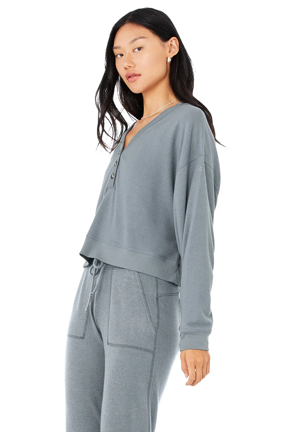 Alolux Soho Cropped Henley - Steel Blue