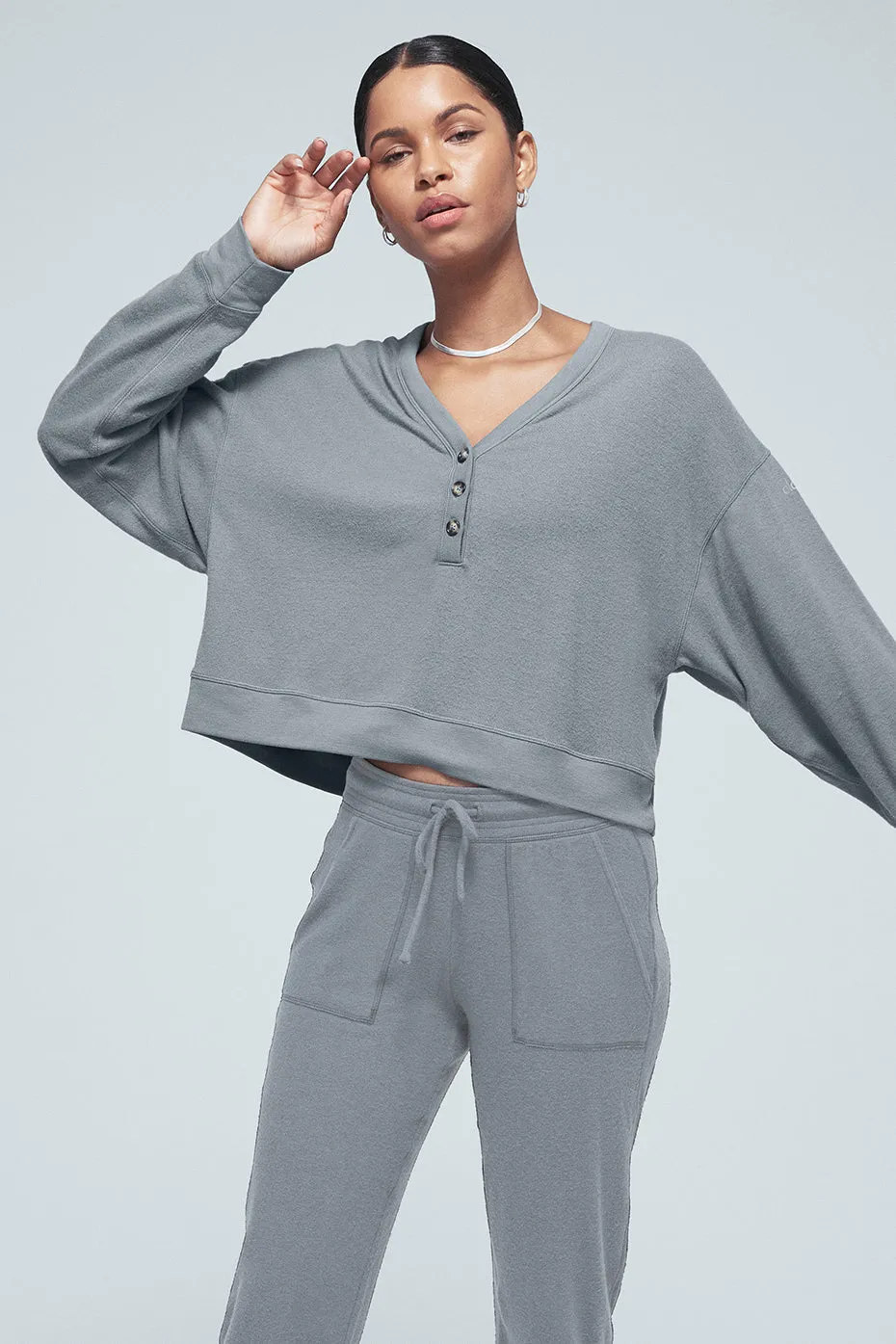 Alolux Soho Cropped Henley - Steel Blue