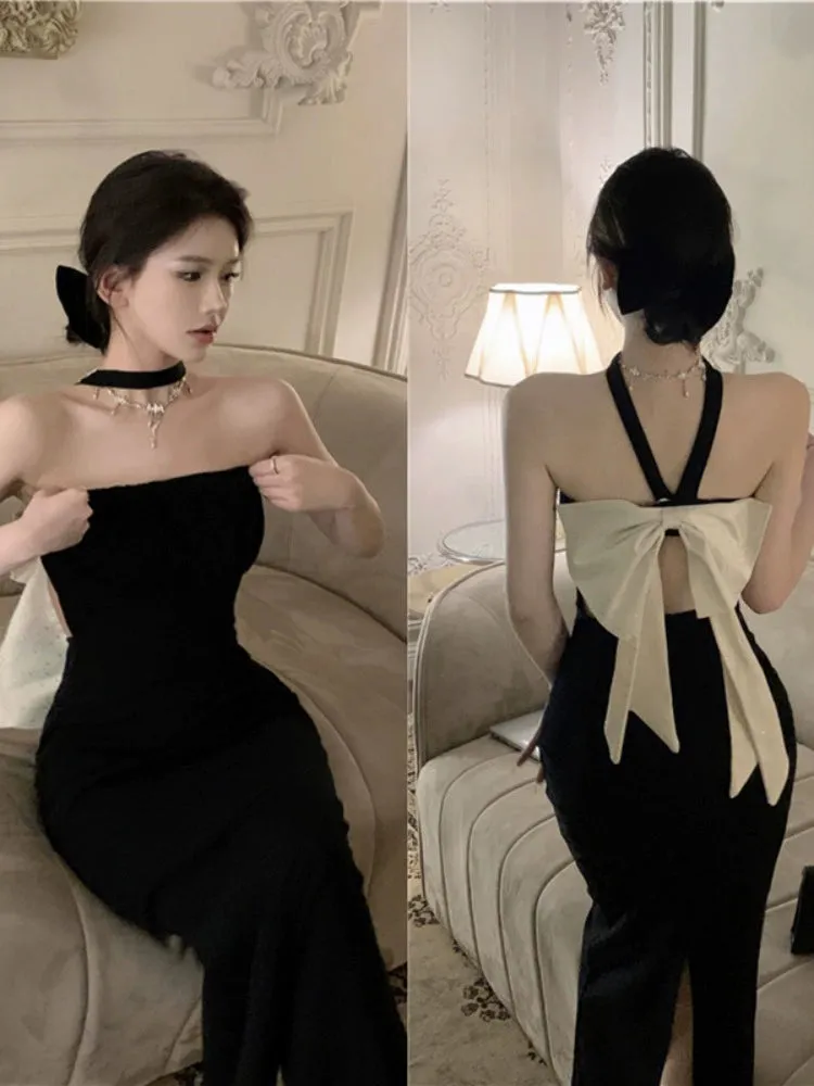 Black halter neck dress for women banquet party dress      S5879