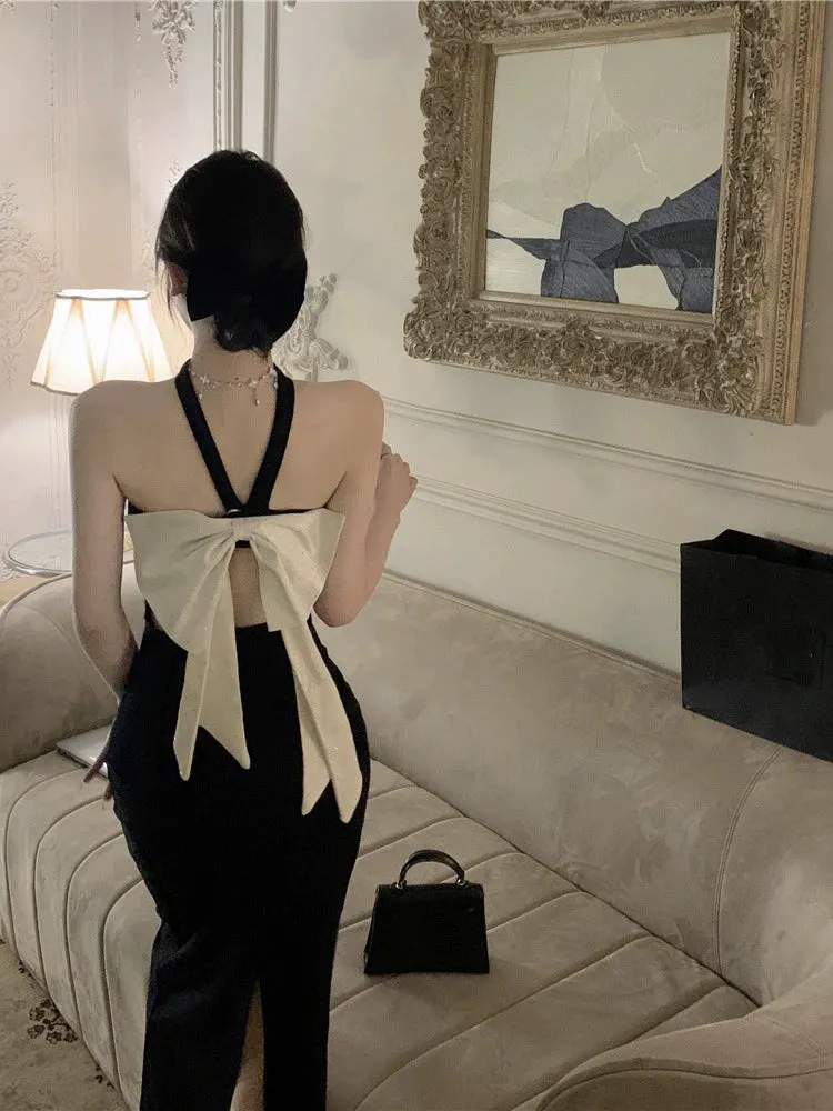 Black halter neck dress for women banquet party dress      S5879