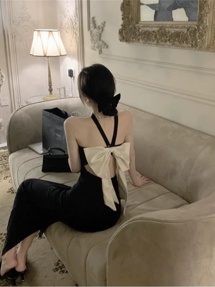 Black halter neck dress for women banquet party dress      S5879