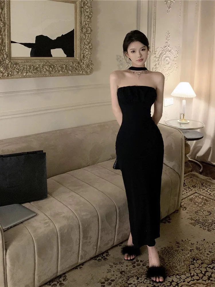 Black halter neck dress for women banquet party dress      S5879