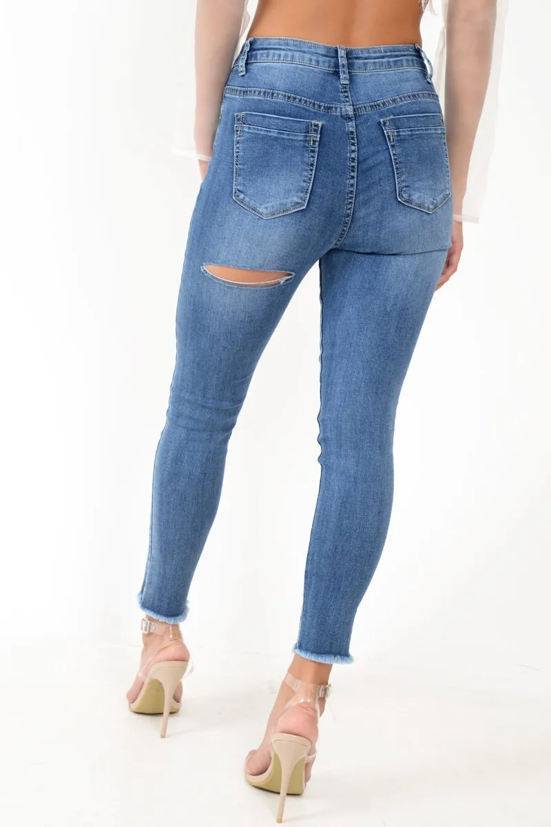 Blue Back Rip Raw Hem Skinny Jeans - Ottilie