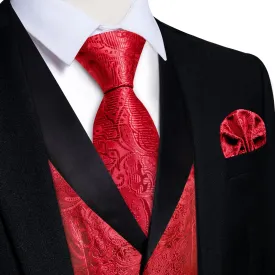 DiBanGu Classic Red Floral Silk Shawl Collar Mens Dress Vest Tie Set