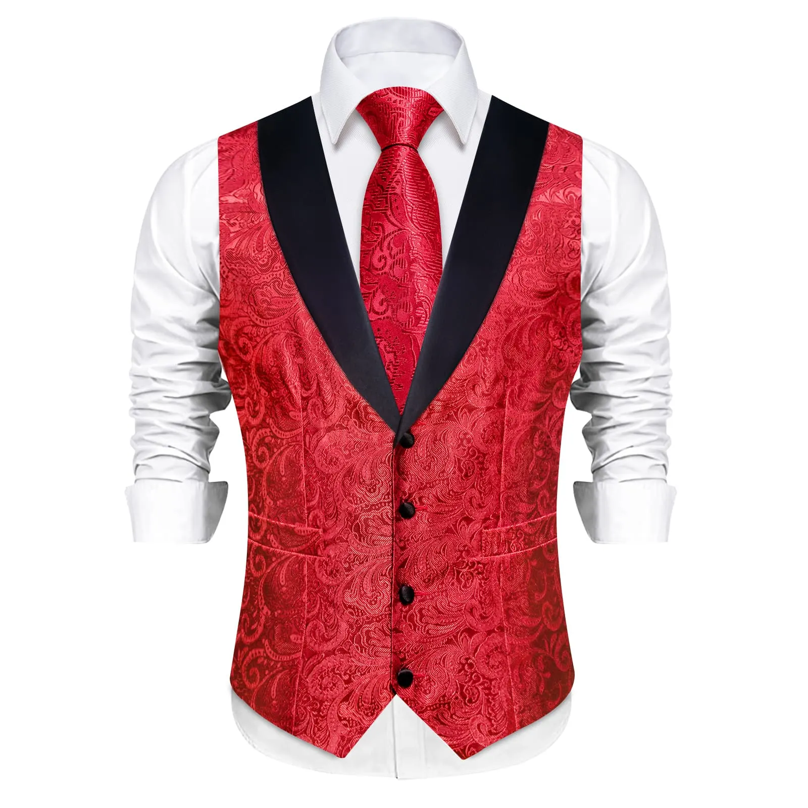DiBanGu Classic Red Floral Silk Shawl Collar Mens Dress Vest Tie Set