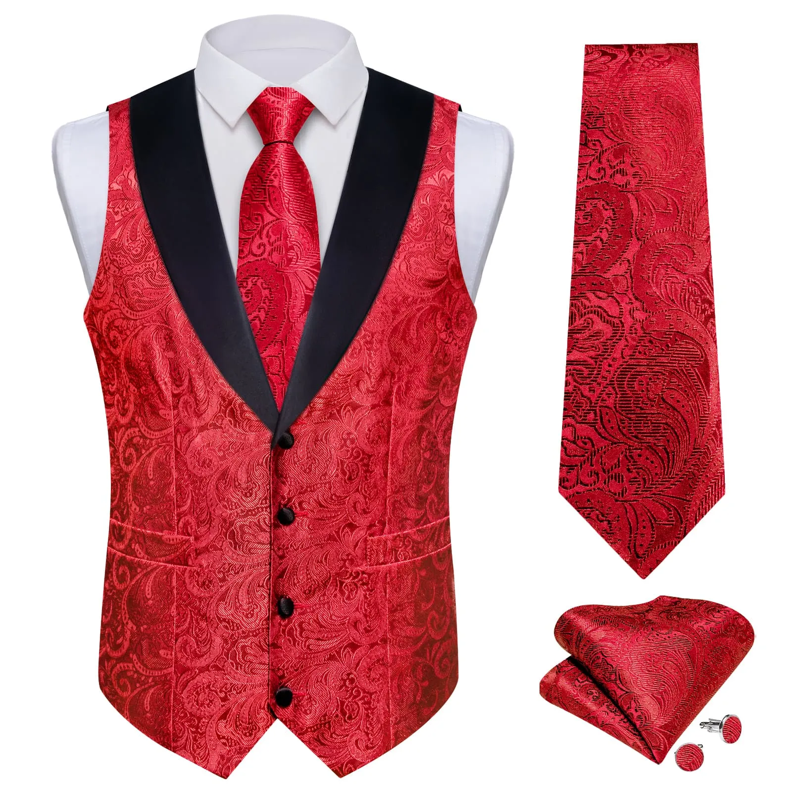 DiBanGu Classic Red Floral Silk Shawl Collar Mens Dress Vest Tie Set
