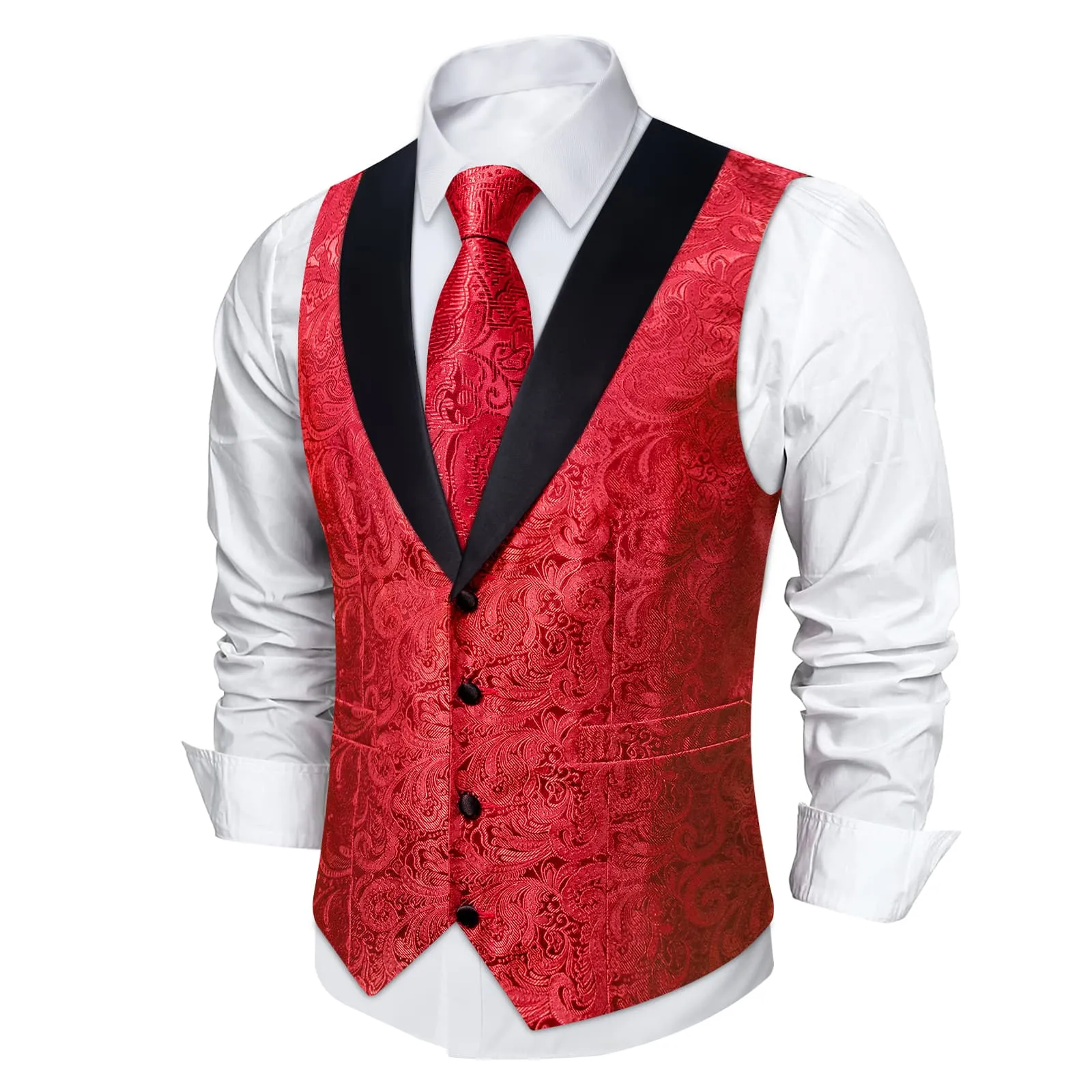 DiBanGu Classic Red Floral Silk Shawl Collar Mens Dress Vest Tie Set