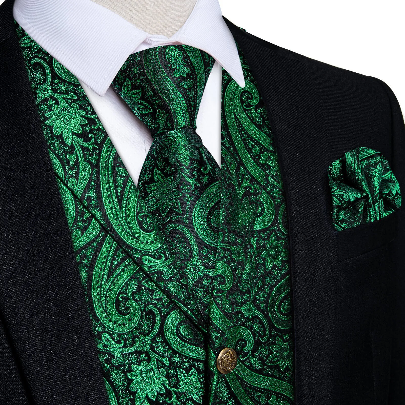 DiBanGu Men's Vest Dark Green Paisley Silk Waistcoat Suit Vest Tie Set