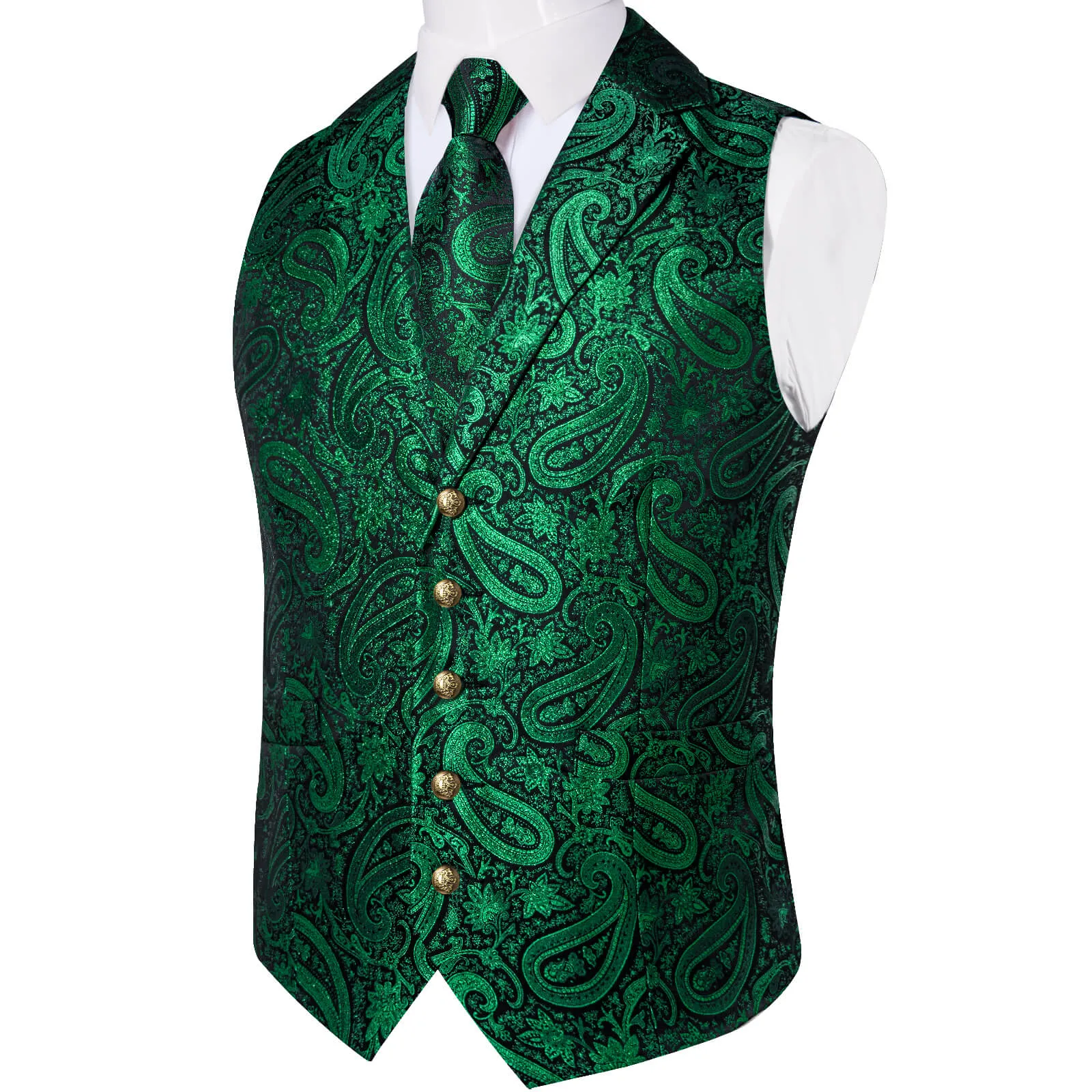 DiBanGu Men's Vest Dark Green Paisley Silk Waistcoat Suit Vest Tie Set