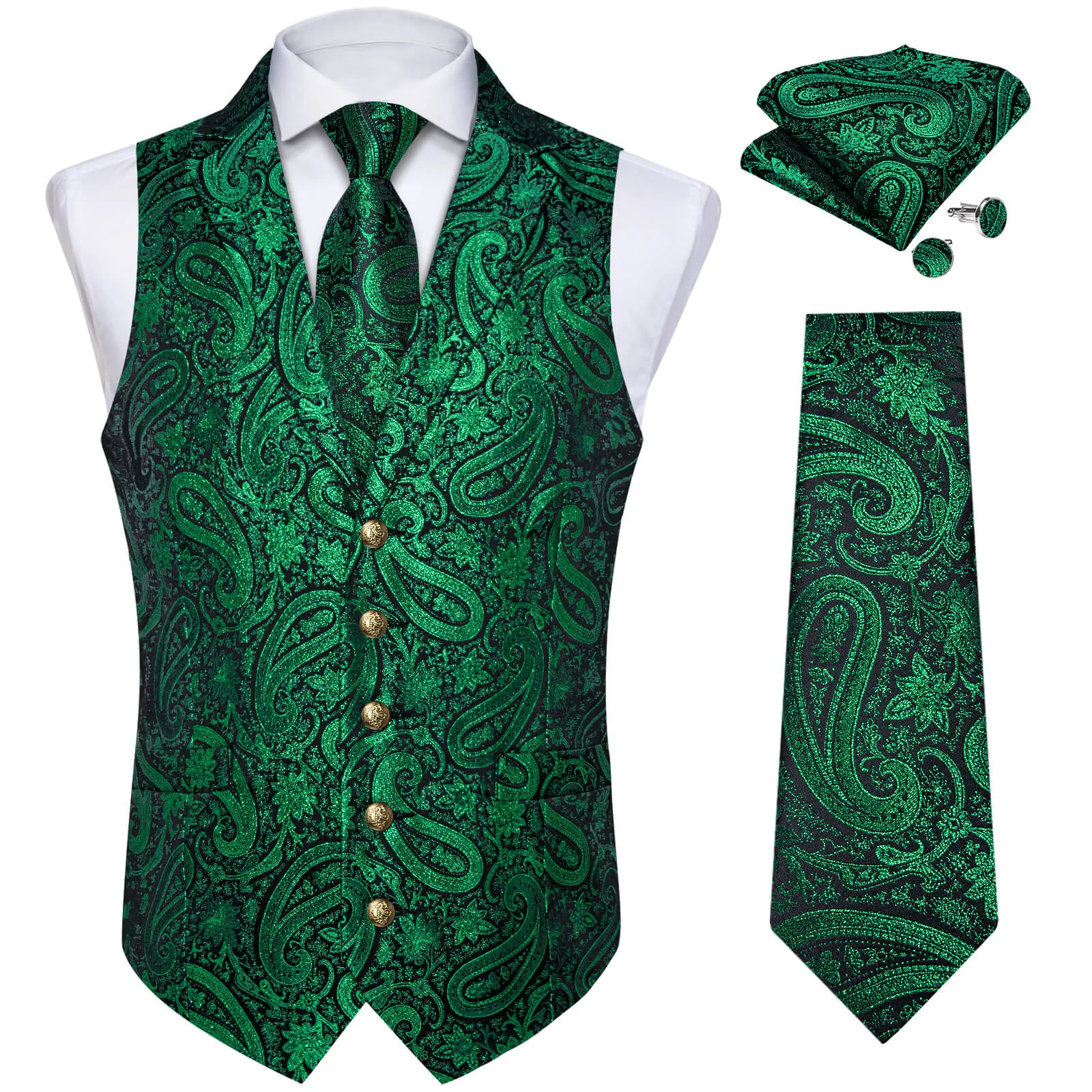 DiBanGu Men's Vest Dark Green Paisley Silk Waistcoat Suit Vest Tie Set