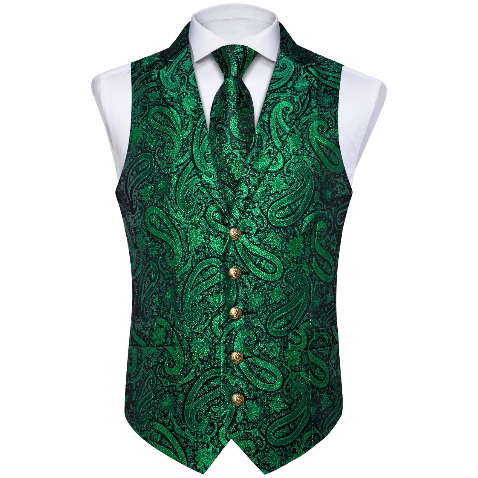 DiBanGu Men's Vest Dark Green Paisley Silk Waistcoat Suit Vest Tie Set