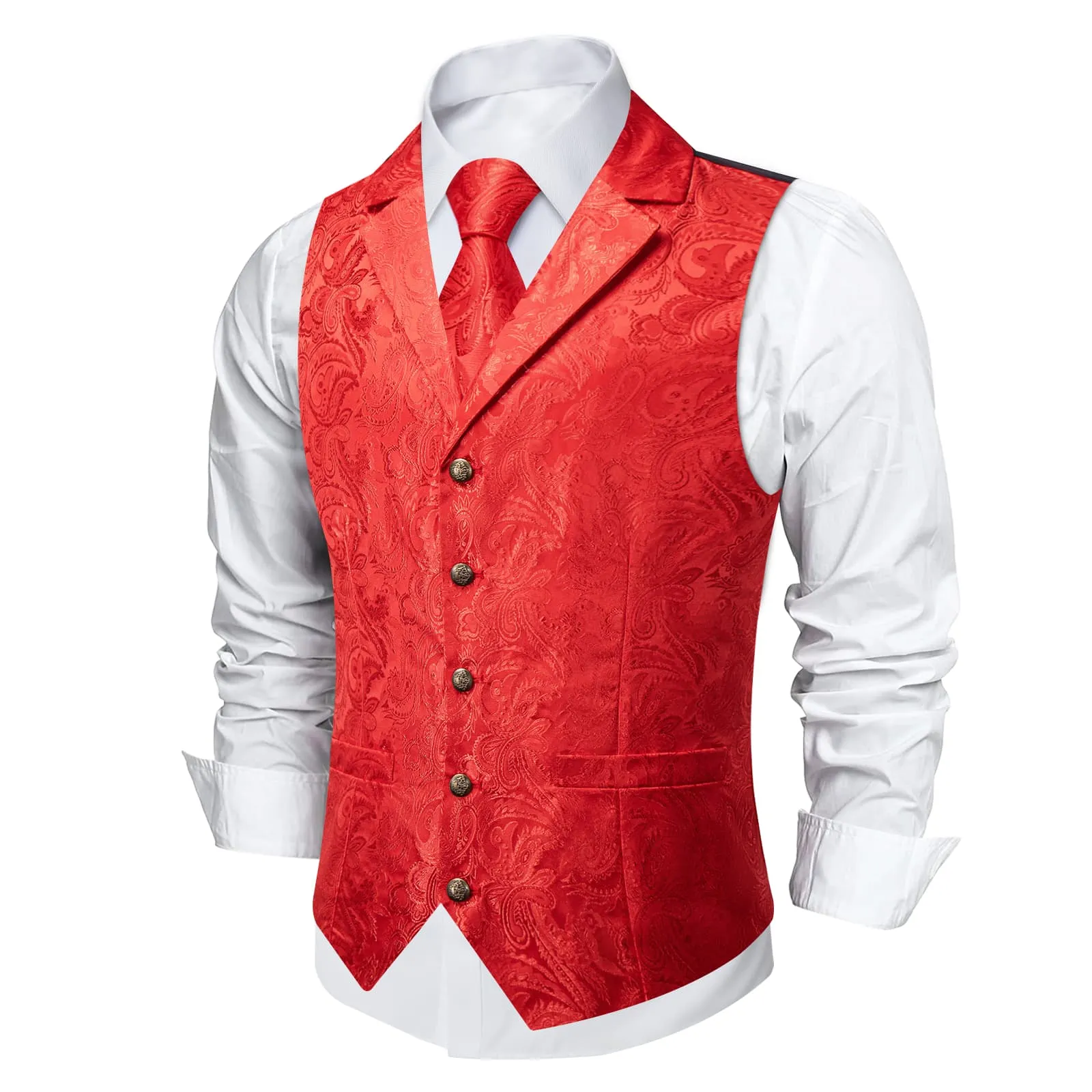 DiBanGu Pure Red Paisley Silk Notched Collar Slim Fit Mens Waistcoat Tie Set