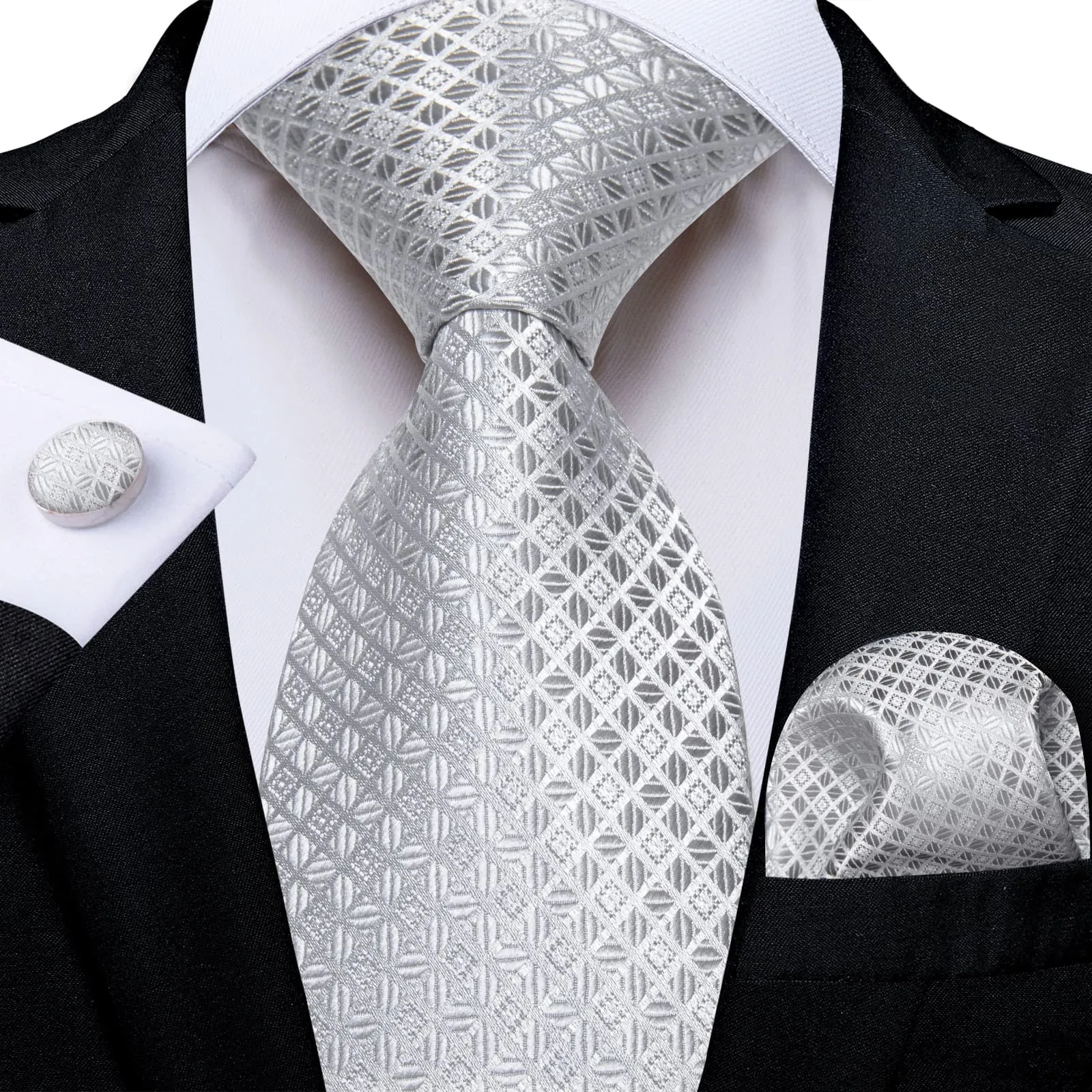 DiBanGu Suit Tie Cloud Grey Plaid Mens Dress Tie Set with Tie Clip