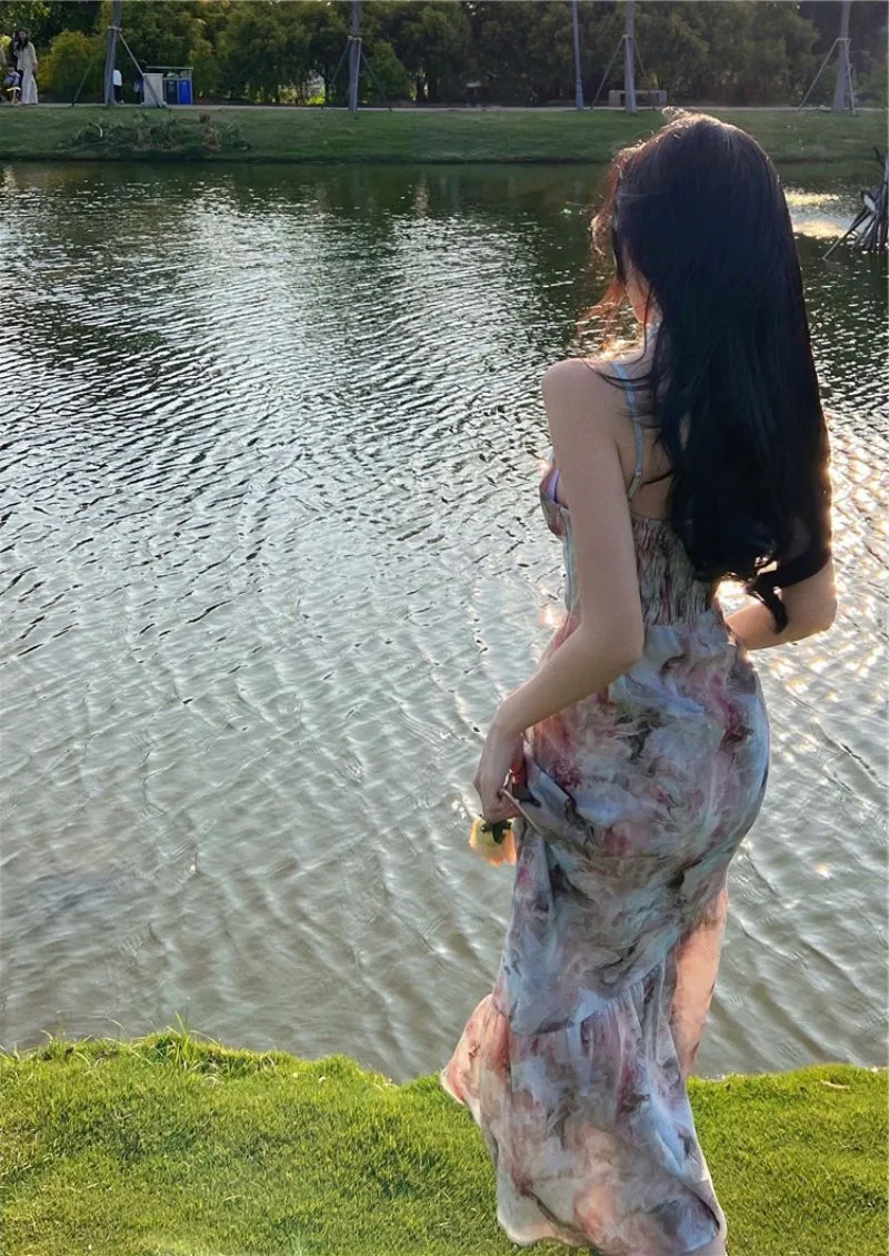 Floral suspender dress for women summer party dress    S5791