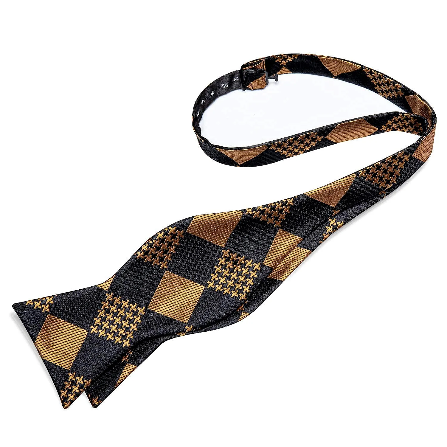 Gold Black Plaid Silk Self- Bowtie Pocket Square Cufflinks Set