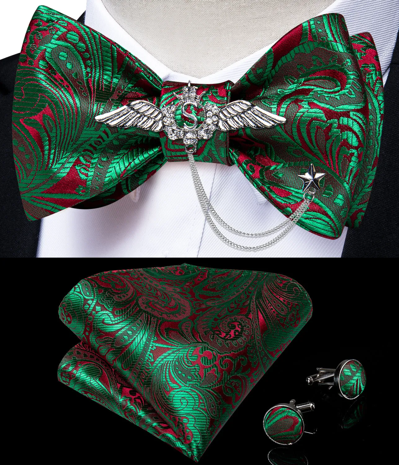 Green Red Floral Self-Bowtie Pocket Square Cufflinks With Wing Lapel Pin