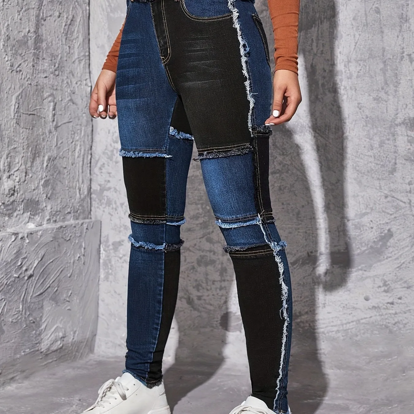 Highstretch patchwork skinny jeans for women raw hem design