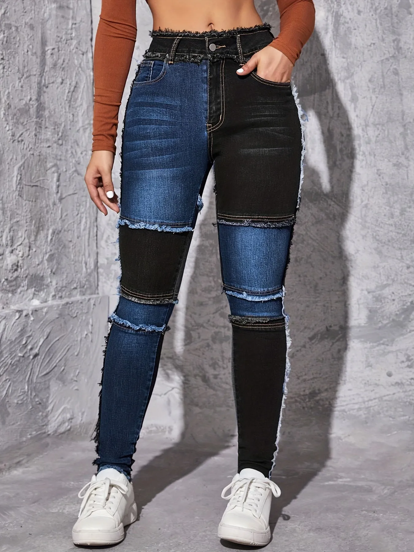 Highstretch patchwork skinny jeans for women raw hem design