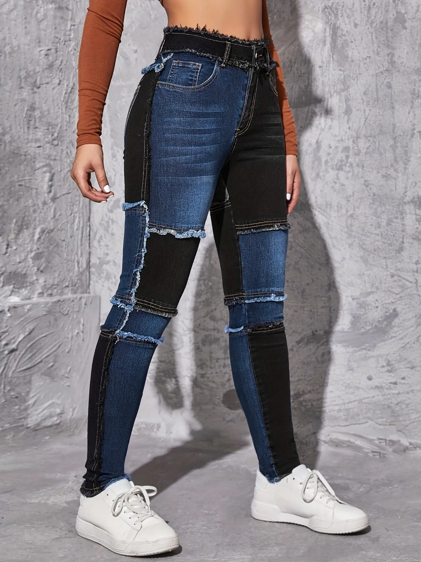 Highstretch patchwork skinny jeans for women raw hem design
