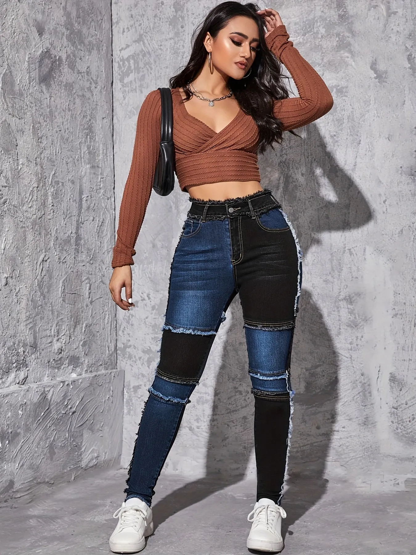 Highstretch patchwork skinny jeans for women raw hem design