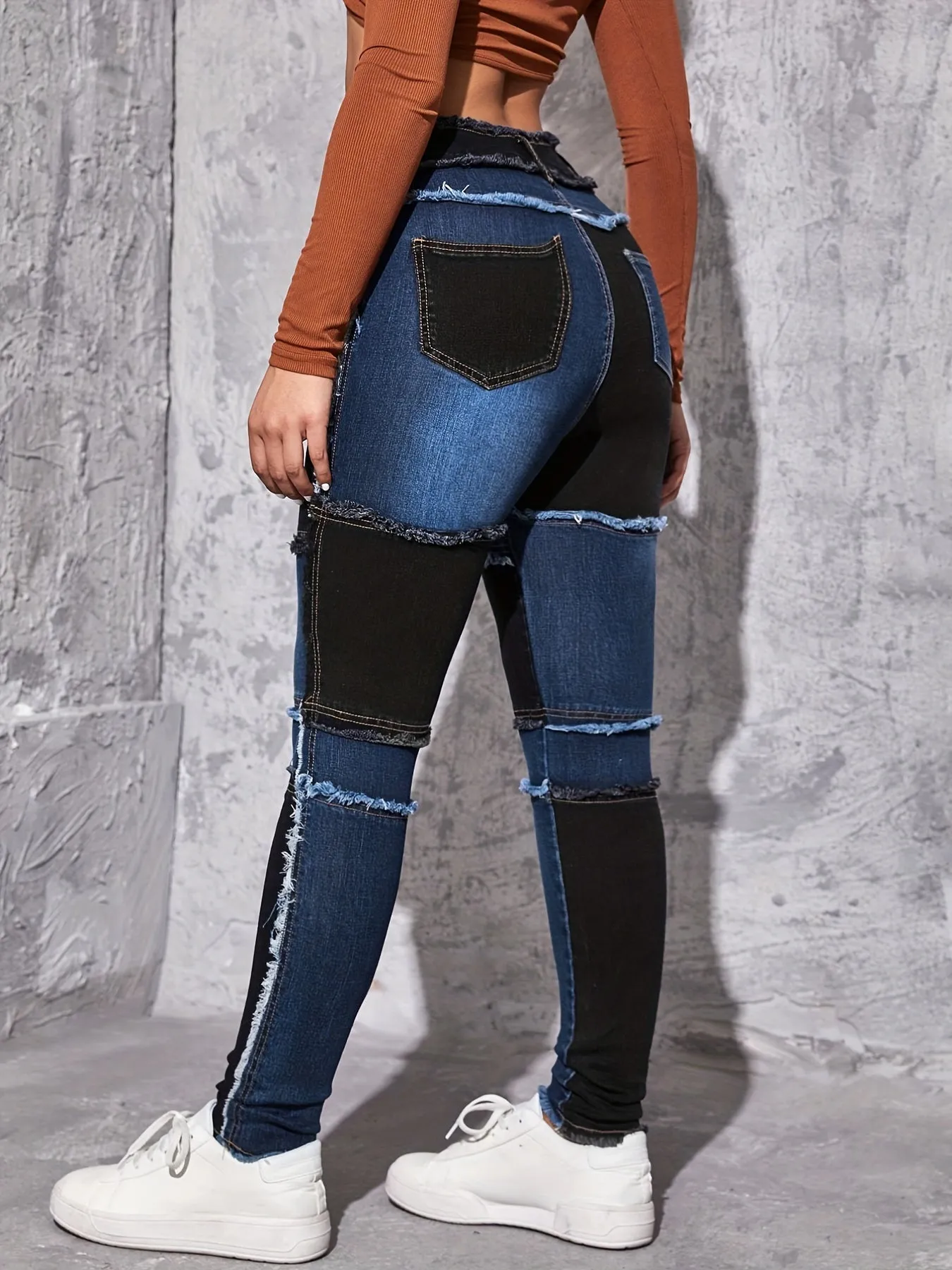 Highstretch patchwork skinny jeans for women raw hem design