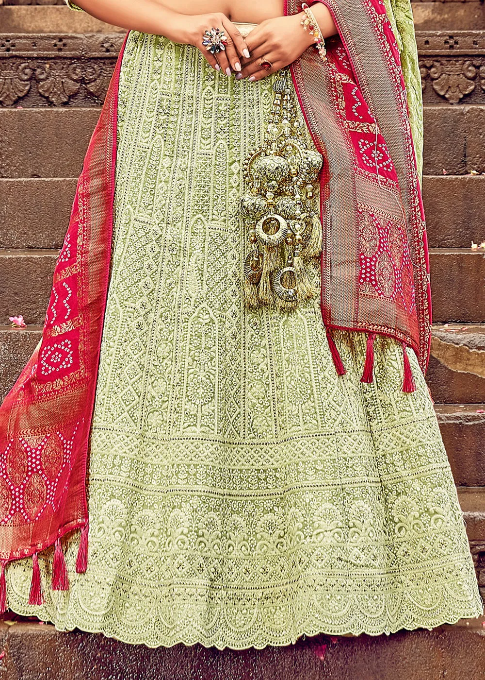 Light Green Georgette Lehenga Choli Having Lucknowi work and Banarasi Dupatta