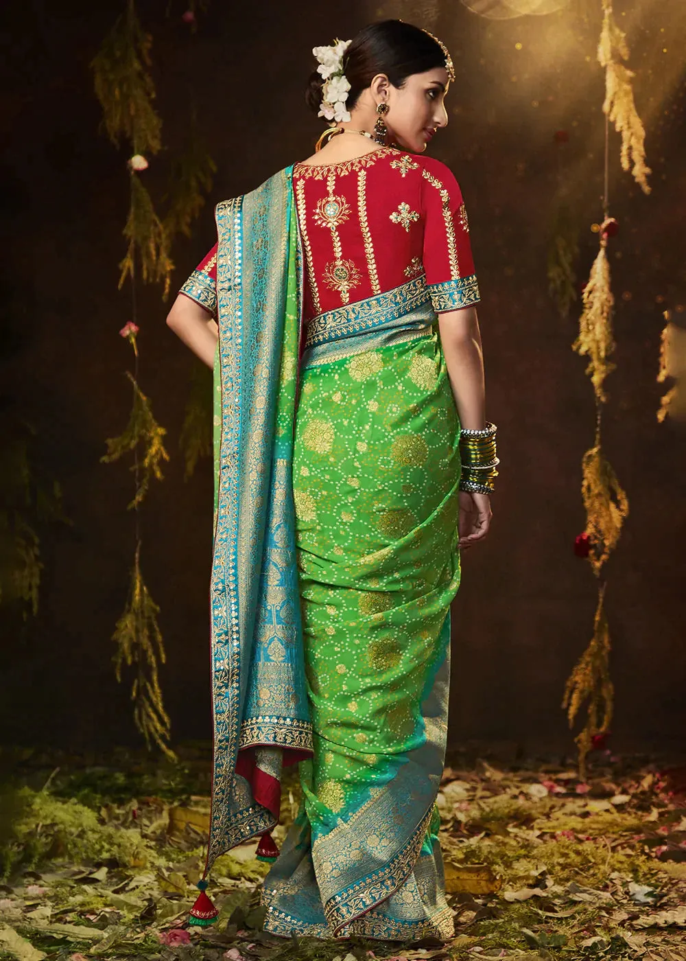 Light Green Zari Weaving Georgette Silk Saree with Embroidery Designer Blouse