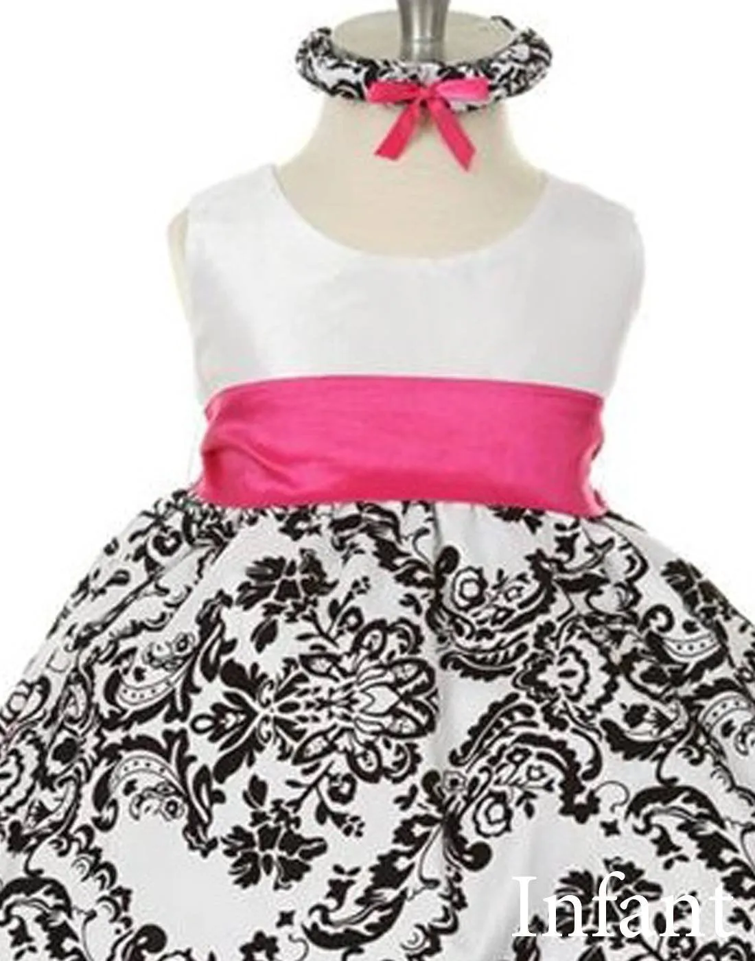 Lovely Dress with Black Velvet Flocked Damask On White Taffeta - Fuchsia