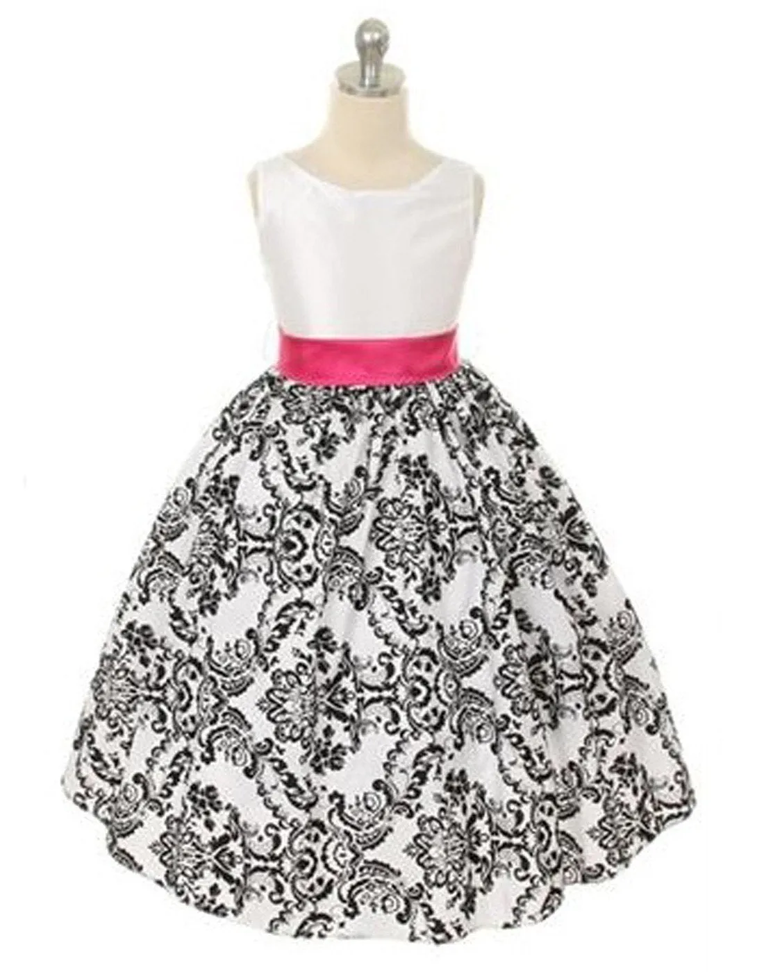 Lovely Dress with Black Velvet Flocked Damask On White Taffeta - Fuchsia