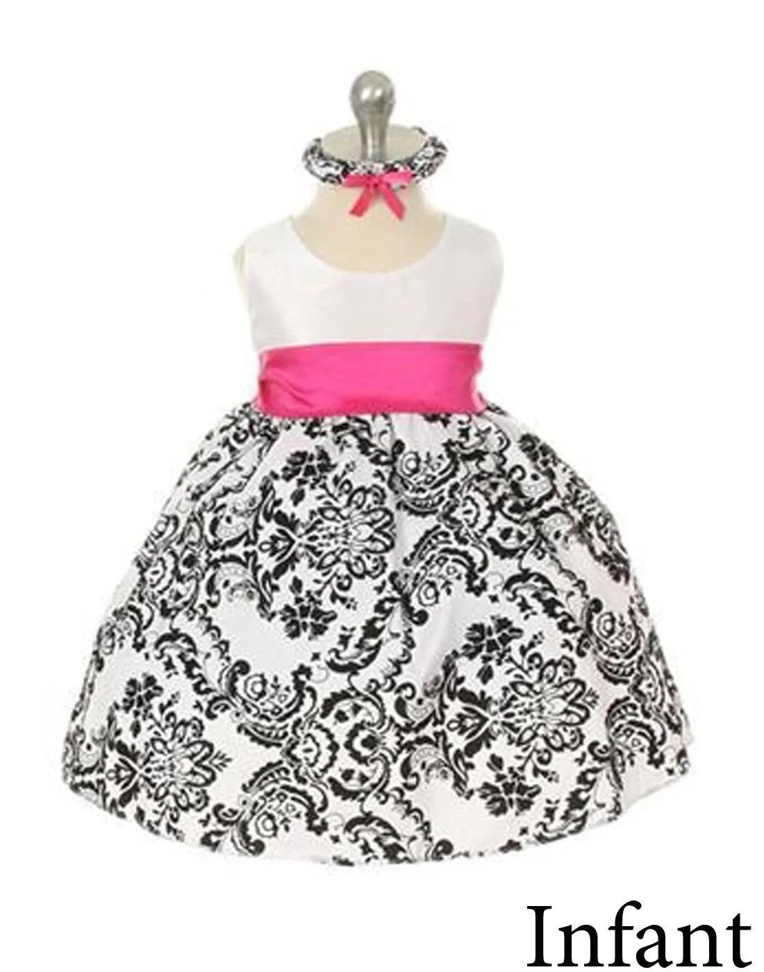 Lovely Dress with Black Velvet Flocked Damask On White Taffeta - Fuchsia