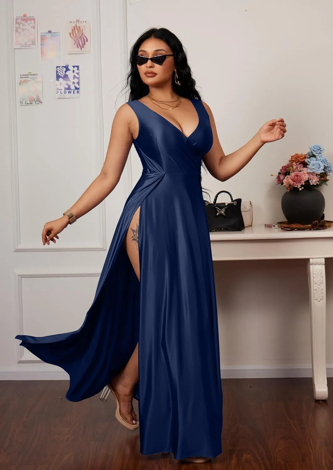 Memoriesea Women's Sexy V Neck Sleeveless High Split Evening Cocktail Maxi Dress