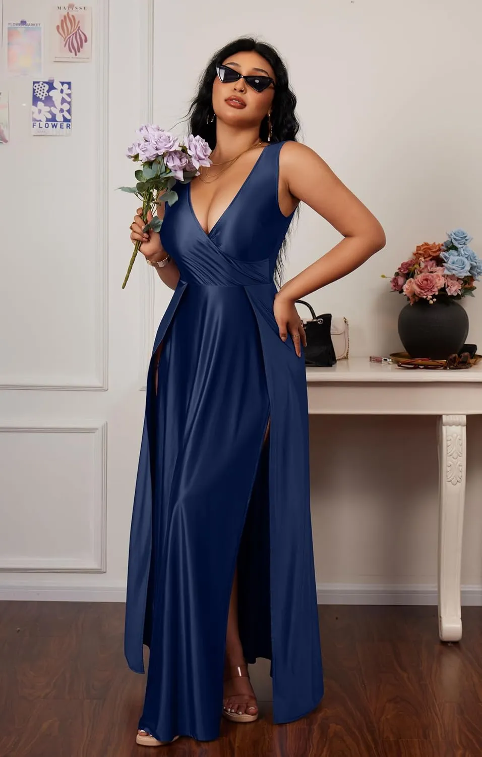 Memoriesea Women's Sexy V Neck Sleeveless High Split Evening Cocktail Maxi Dress