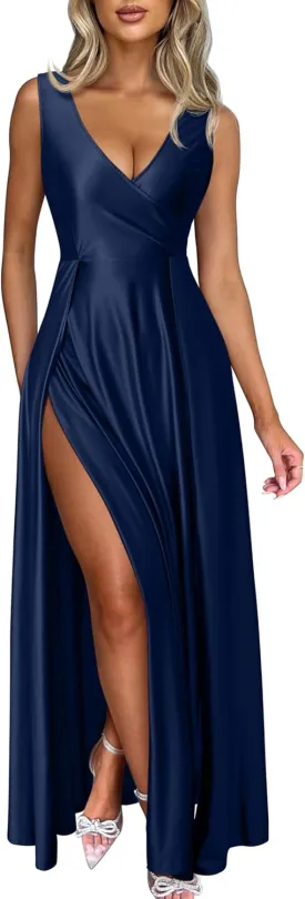 Memoriesea Women's Sexy V Neck Sleeveless High Split Evening Cocktail Maxi Dress