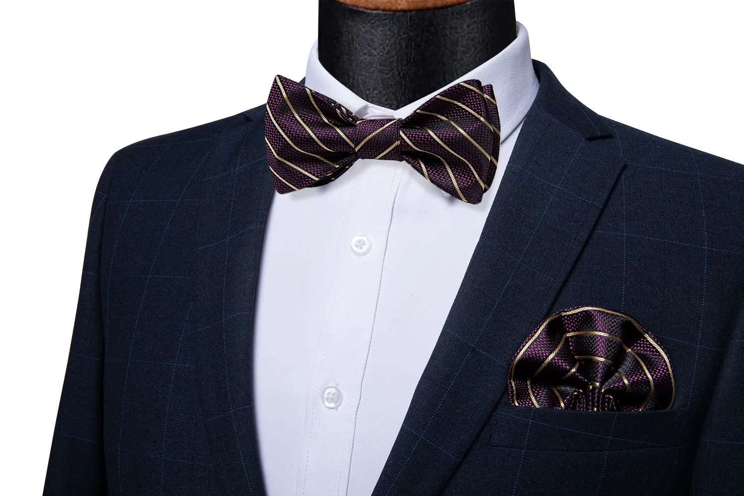 Novelty Purple Brown Self-Bowtie Pocket Square Cufflinks Set