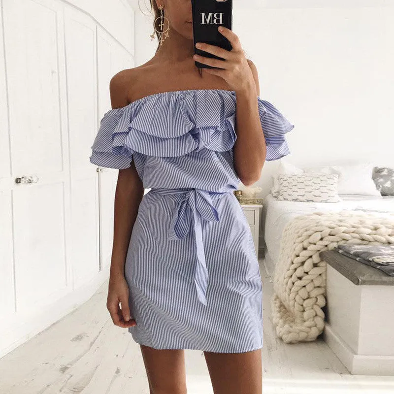 Off Shoulder Strapless Striped Ruffles Dress
