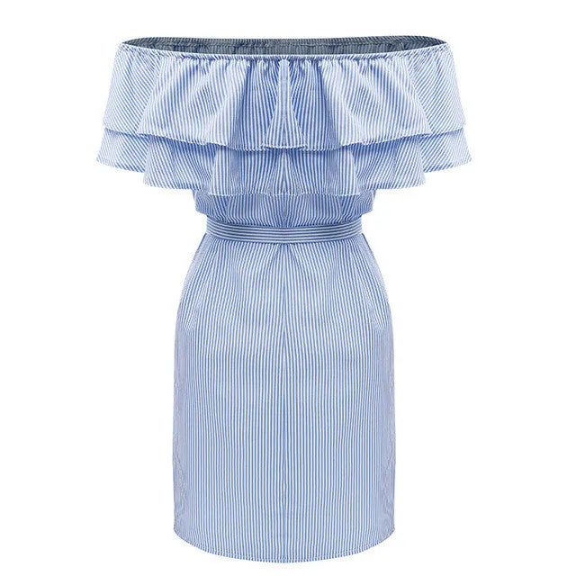 Off Shoulder Strapless Striped Ruffles Dress