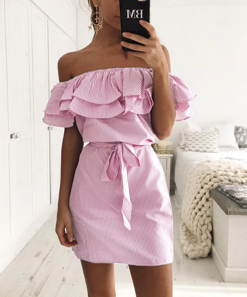 Off Shoulder Strapless Striped Ruffles Dress