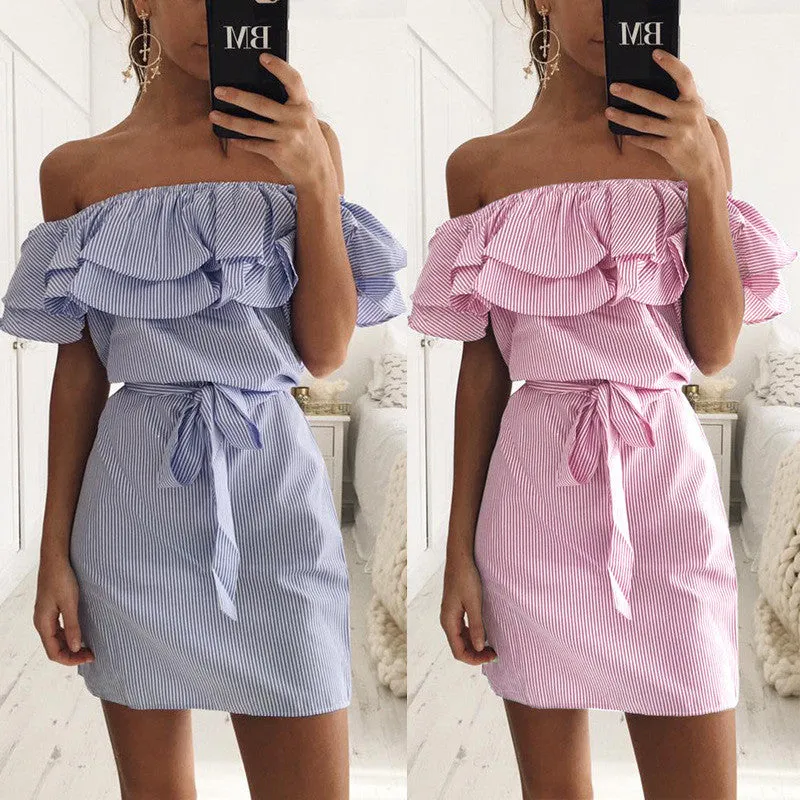 Off Shoulder Strapless Striped Ruffles Dress