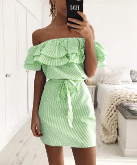 Off Shoulder Strapless Striped Ruffles Dress
