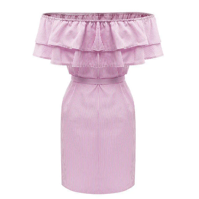 Off Shoulder Strapless Striped Ruffles Dress