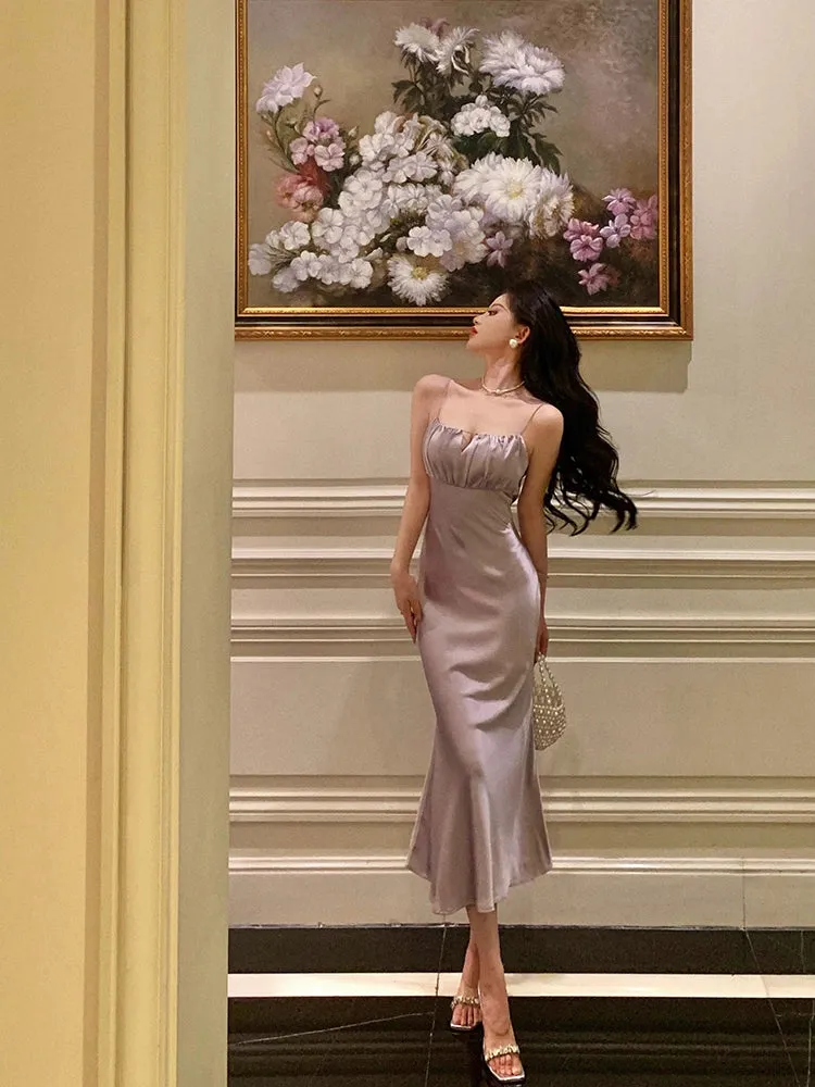 Purple satin suspender dress new mermaid party dress     S5699