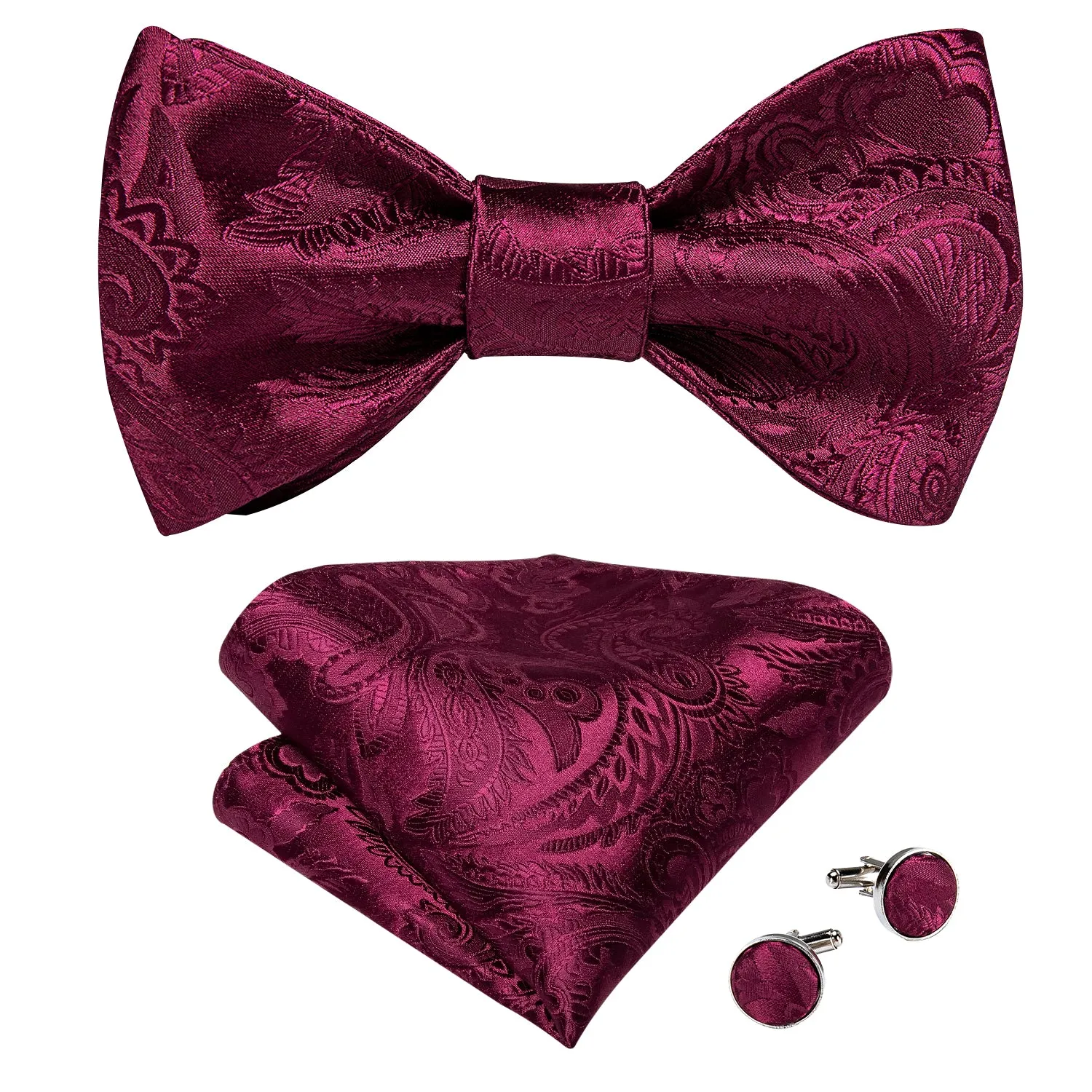 Red Paisley Self-Bowtie Pocket Square Cufflinks Set