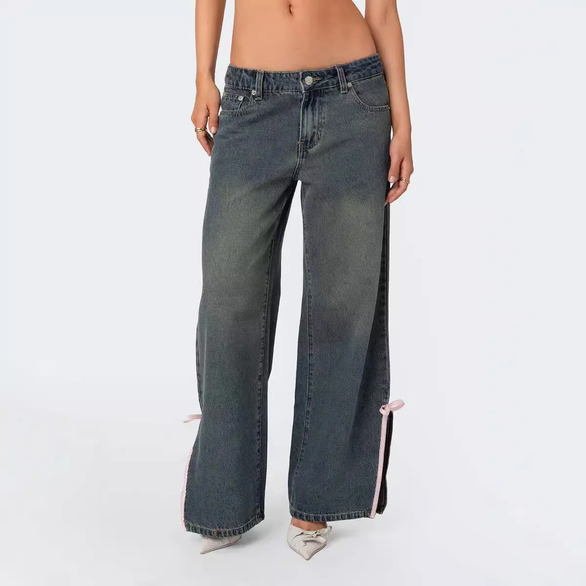 Skinny Mid Waist Slim Fit Bow Side Slit Jeans
