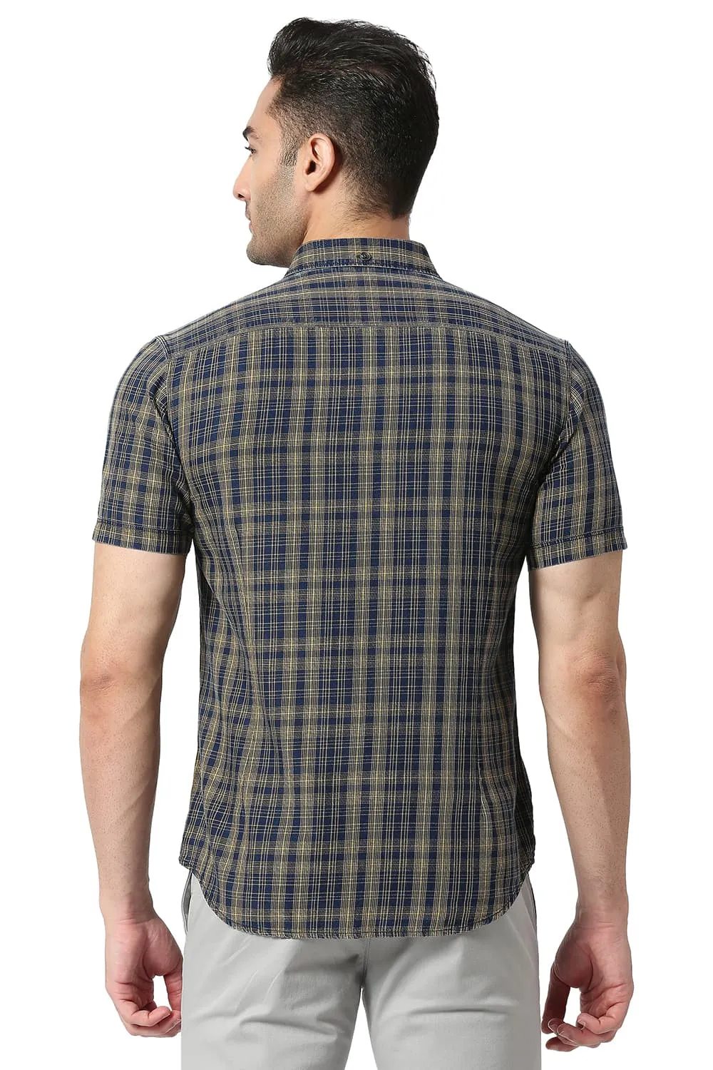 Slim Fit Cotton Indigo Checks Halfsleeves Shirt