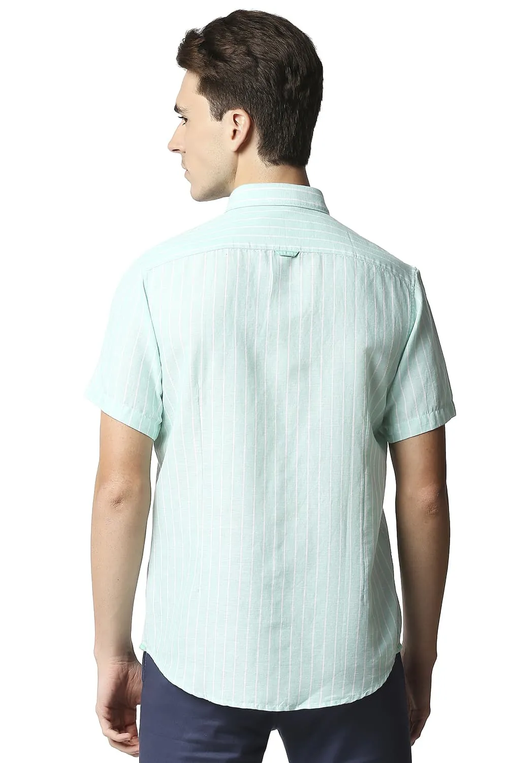 Slim Fit Cotton Linen Stripe Halfsleeves Shirt