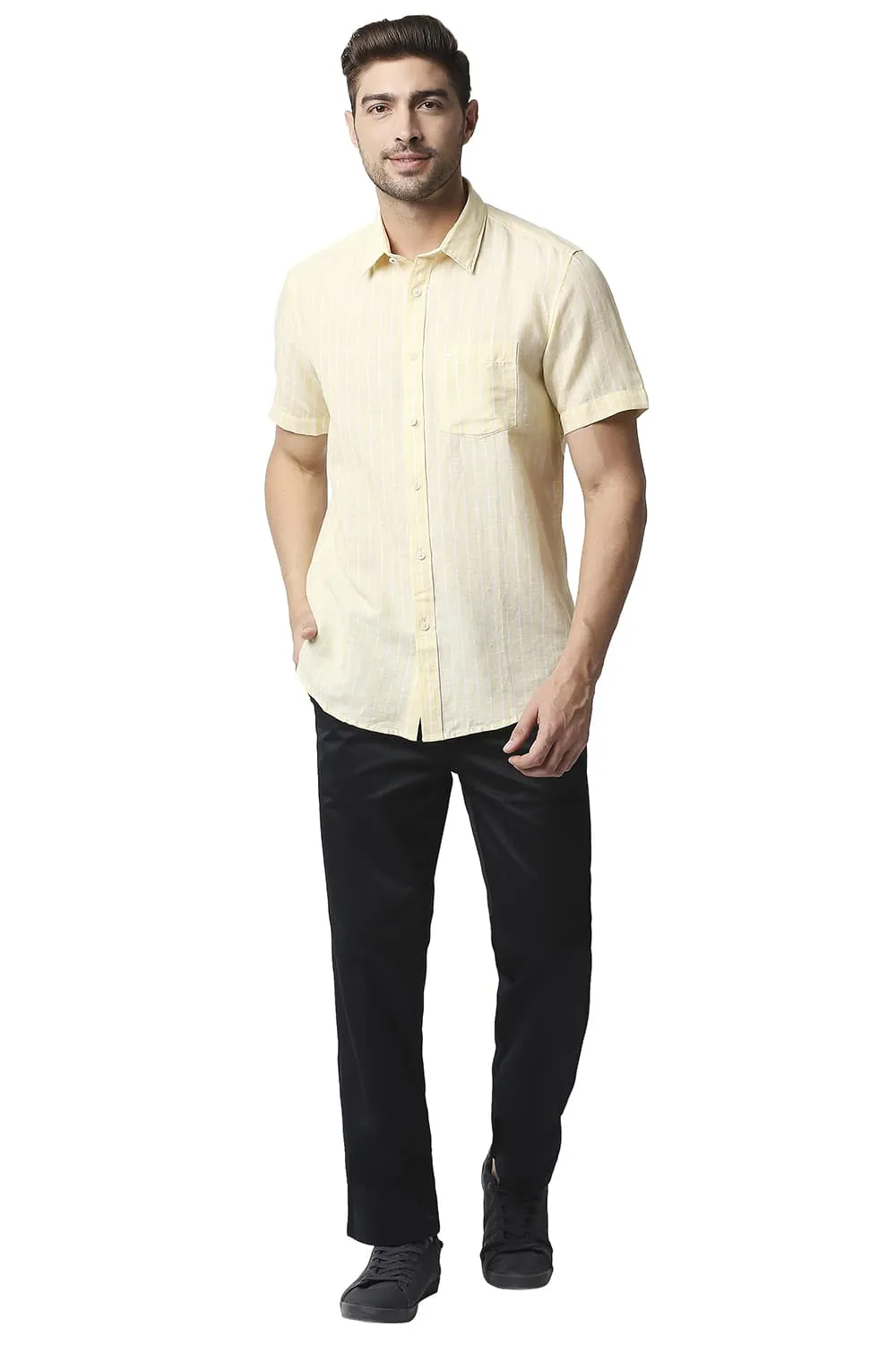 Slim Fit Cotton Linen Stripe Halfsleeves Shirt